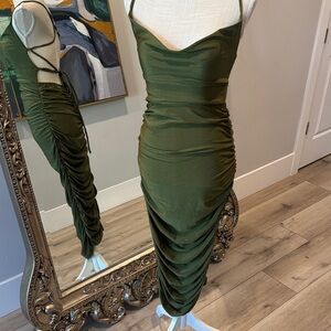 PrettyLittleThing Olive Midi Dress with Ruched Detail